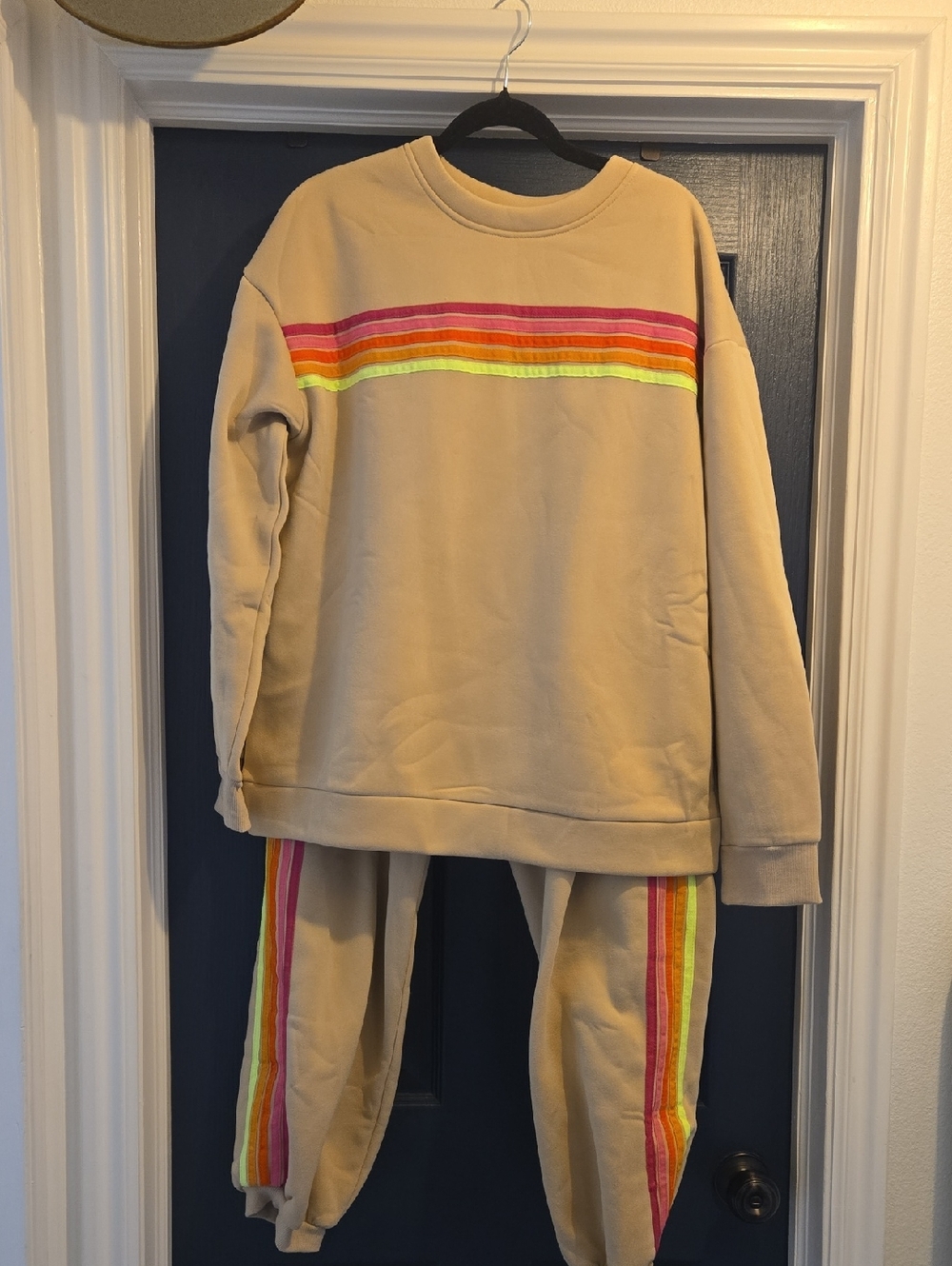 Beige Sweatshirt & Jogger Set with Rainbow Stripe